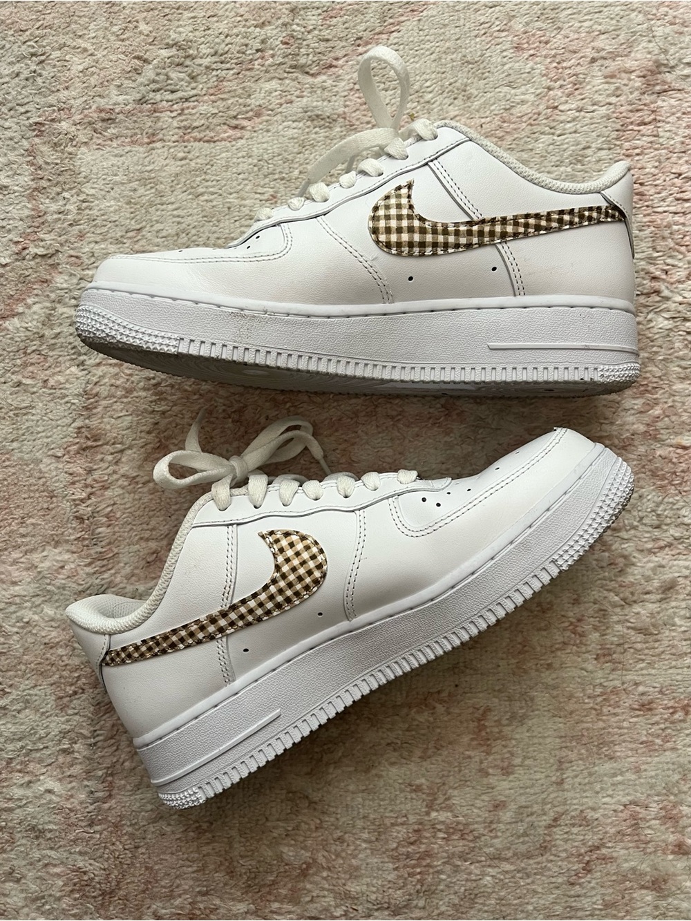 Custom Handpainted Nike Women’s Air Force 1s Sneakers with Brown Gingham Swoosh